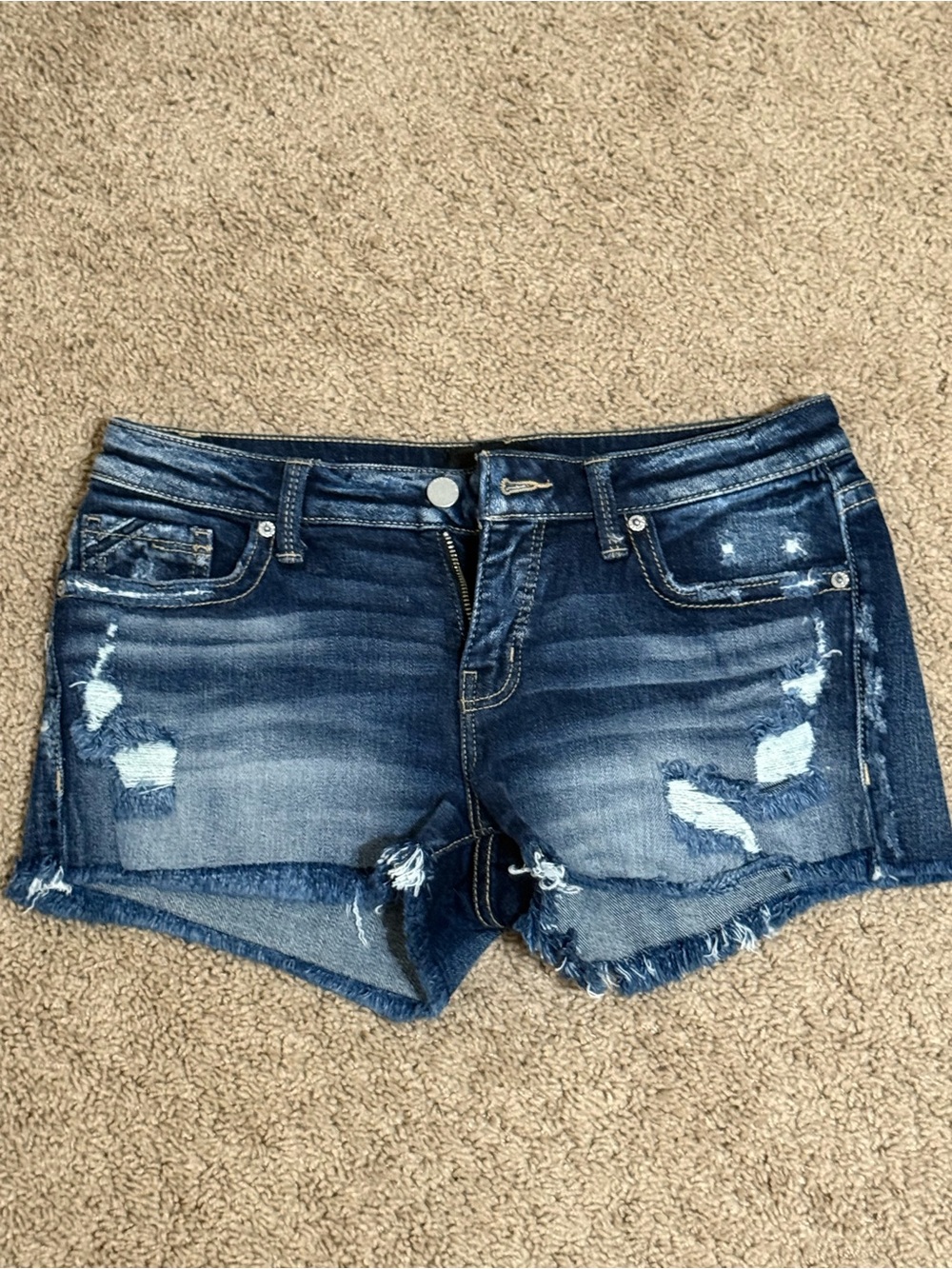 Buckle Distressed Dark Blue Denim Jean Shorts